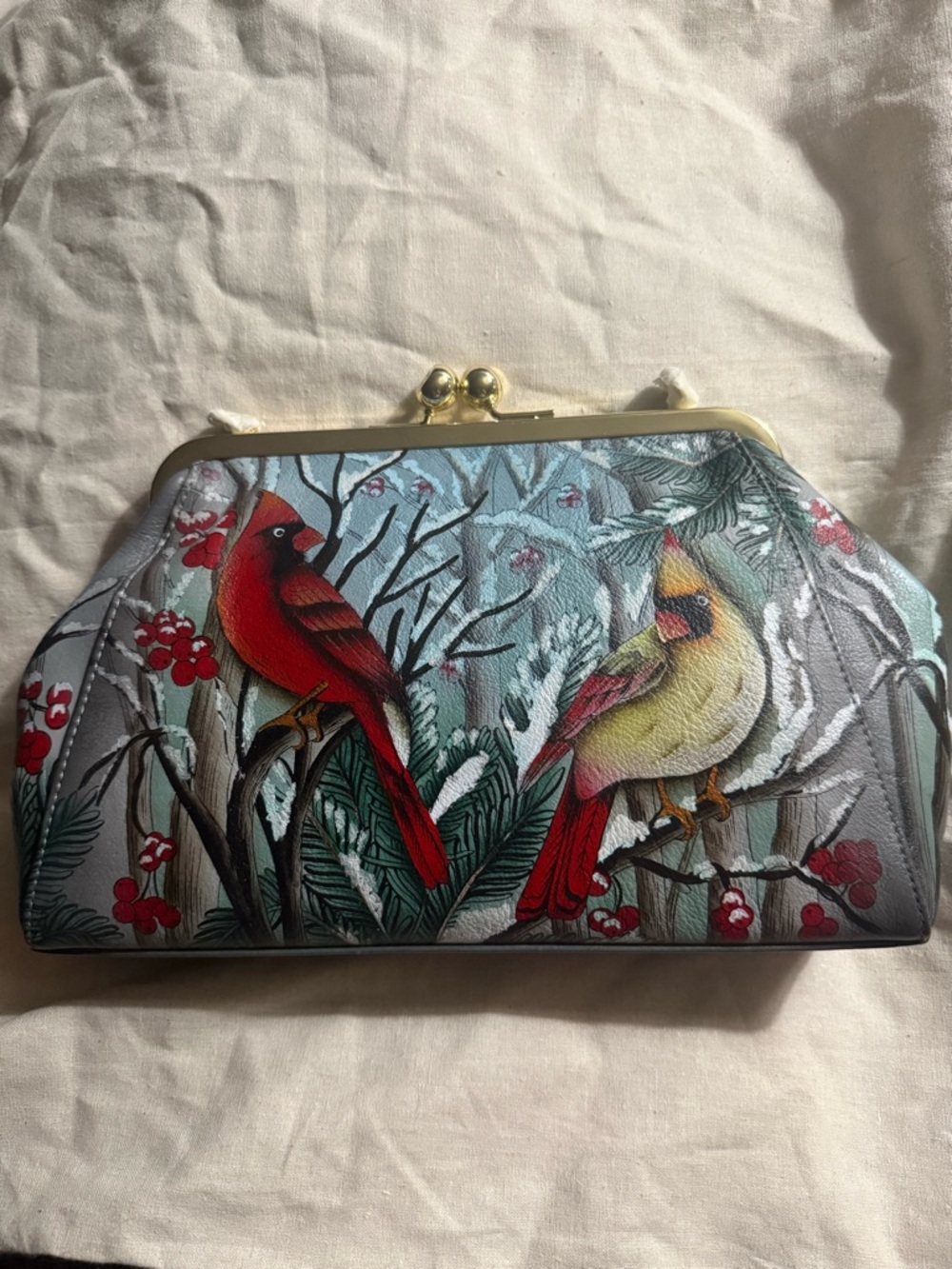 Anuschka Retired Snow Cardinal Print Kiss-Lock Clutch/crossbody Bag Leather NWT